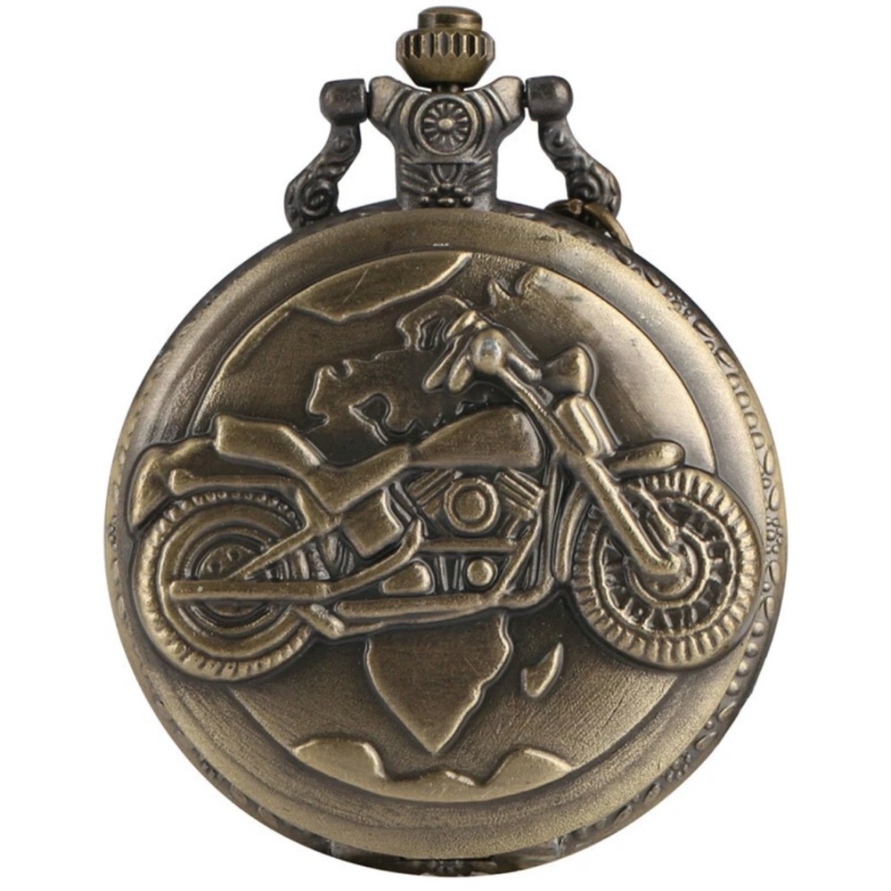 Vintage Bronze Motorcycle Quartz Pocket Watch with chain